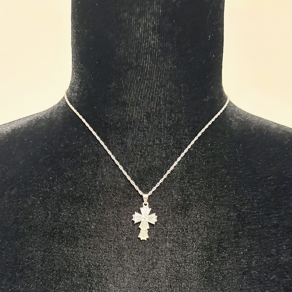 Silver Tone Baguette CZ Cross Pendant with Rope Chain
